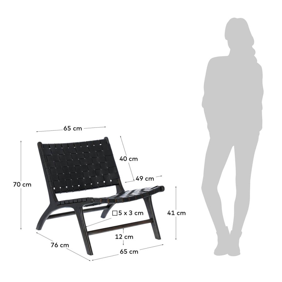 KAVE HOME Calixta lenestol, uten armlener - svart hndvevd skinn og svart mahognitre 