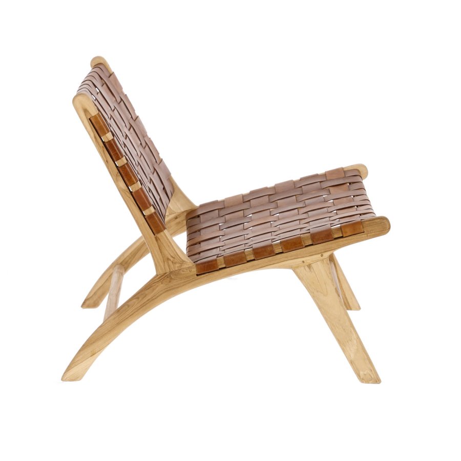 KAVE HOME Calixta lenestol, uten armlener - brunt hndvevd skinn og naturlig teak