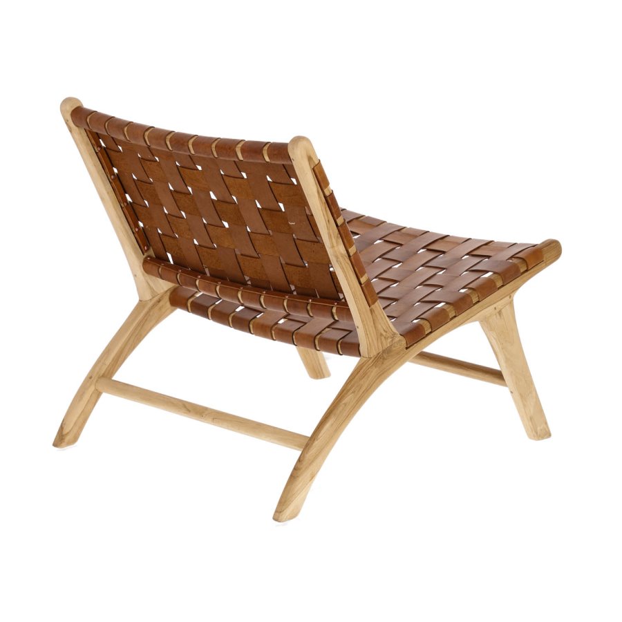 KAVE HOME Calixta lenestol, uten armlener - brunt hndvevd skinn og naturlig teak