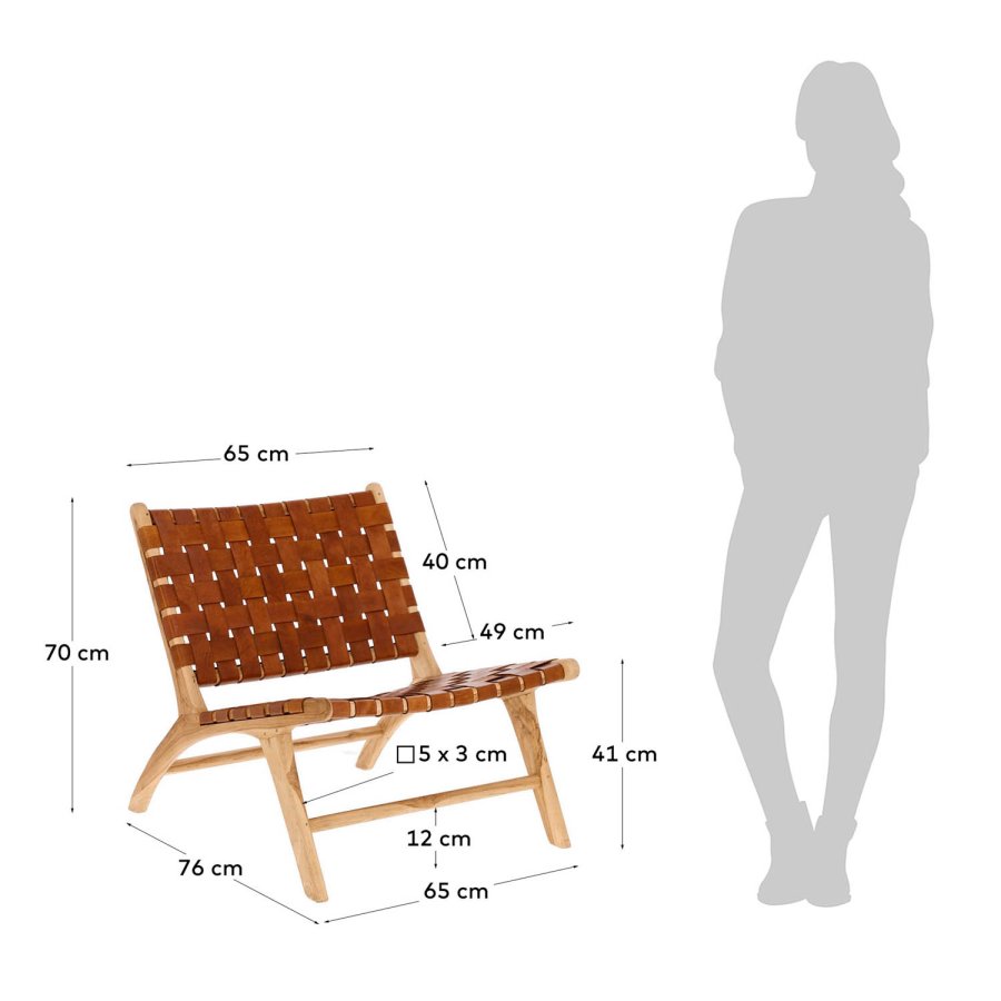 KAVE HOME Calixta lenestol, uten armlener - brunt hndvevd skinn og naturlig teak