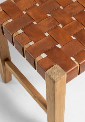 KAVE HOME Calixta benk, rektangulr - brunt skinn og naturlig teak (120x40)