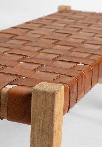 KAVE HOME Calixta benk, rektangulr - brunt skinn og naturlig teak (120x40)