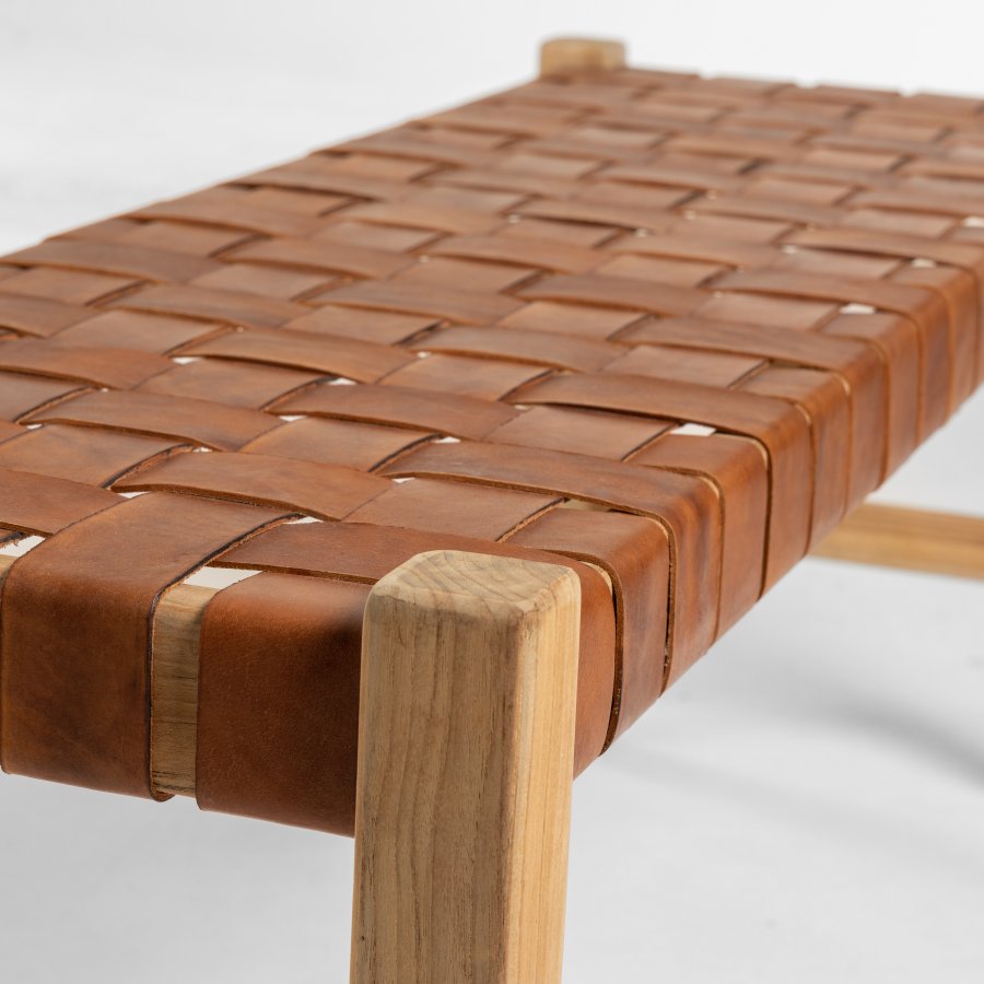KAVE HOME Calixta benk, rektangulr - brunt skinn og naturlig teak (120x40)