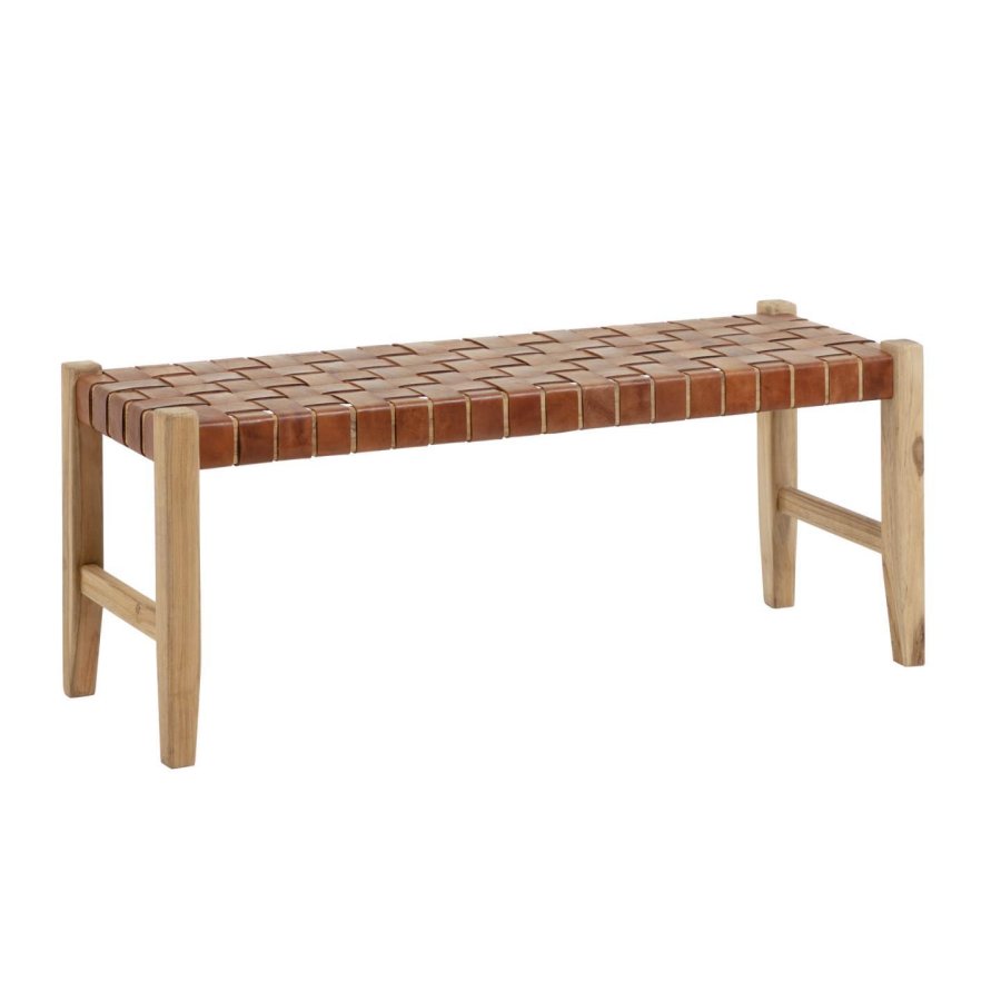 KAVE HOME Calixta benk, rektangulr - brunt skinn og naturlig teak (120x40)