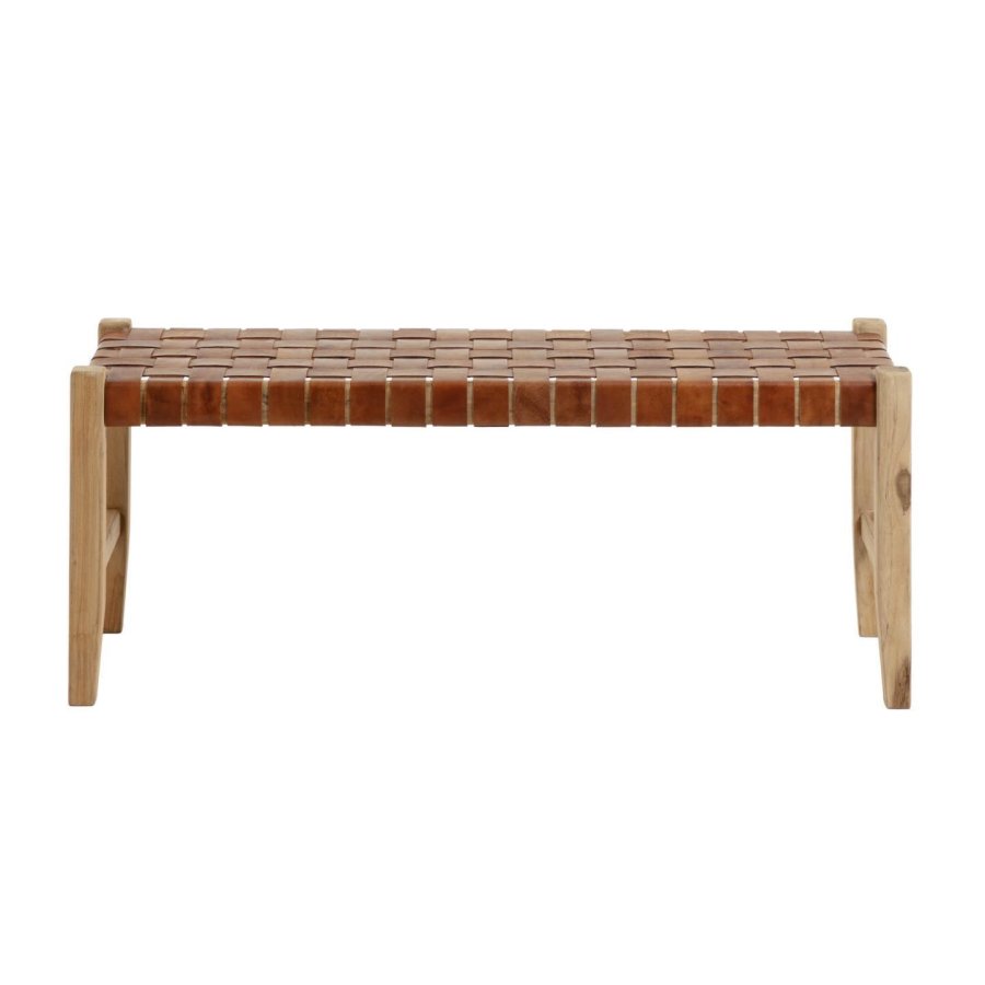 KAVE HOME Calixta benk, rektangulr - brunt skinn og naturlig teak (120x40)