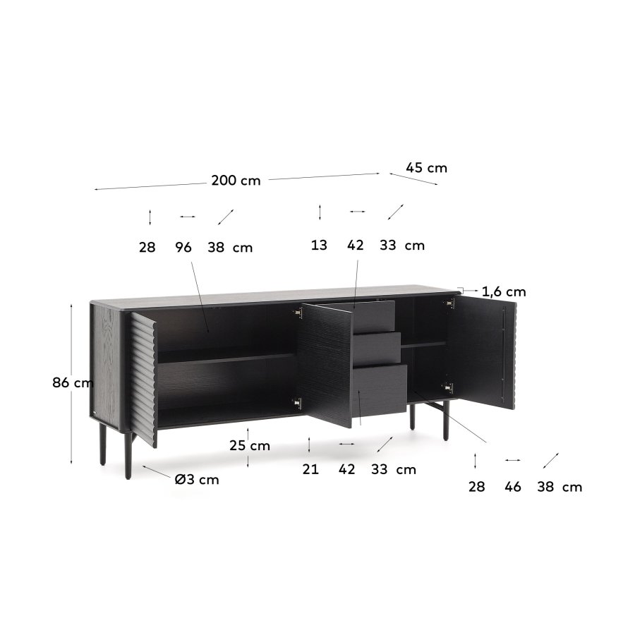 KAVE HOME Lenon skjenk 3 drer og 3 skuffer heltre og svart eikefiner 200x86cm FSC Mix Cre