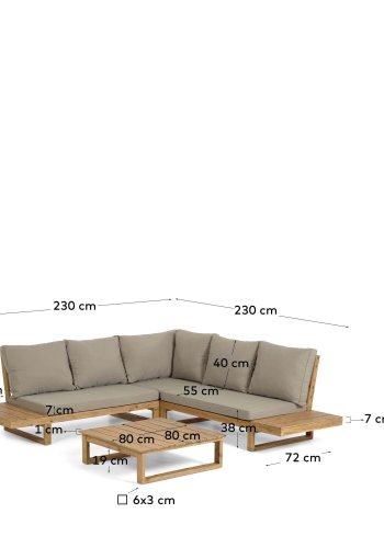 KAVE HOME Flaviina 5-manns hagesofa, med puter og hagebord - beige stoff og naturlig akasietre