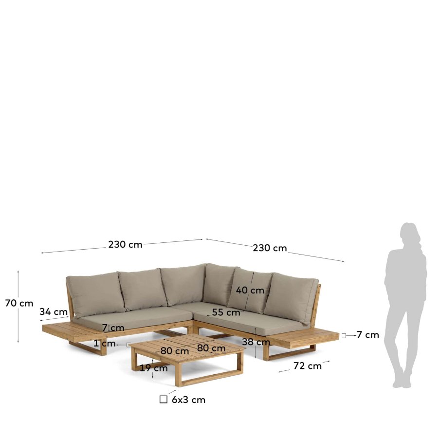 KAVE HOME Flaviina 5-manns hagesofa, med puter og hagebord - beige stoff og naturlig akasietre