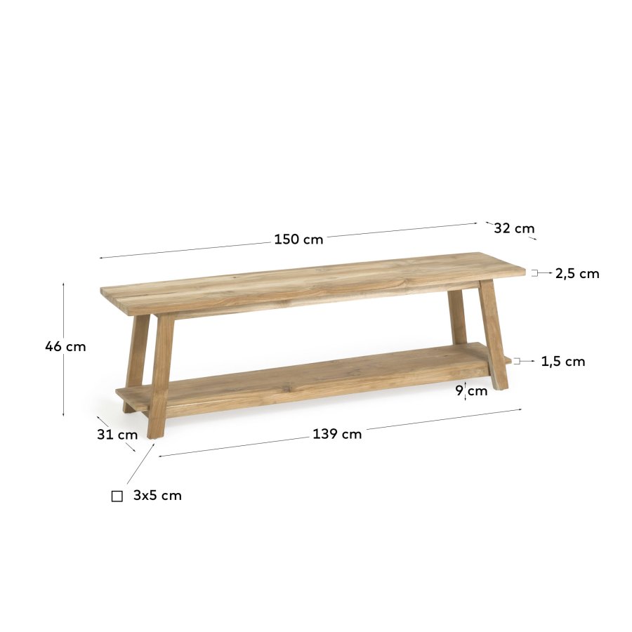 KAVE HOME Safara benk, med hylle naturlig resirkulert teak (150x32)