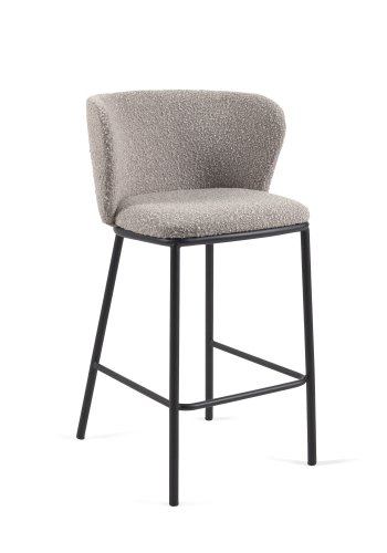 KAVE HOME Ciselia barkrakk, med ryggsttte og fotsttte - lys gr bouclé og svart metall (H:65cm)