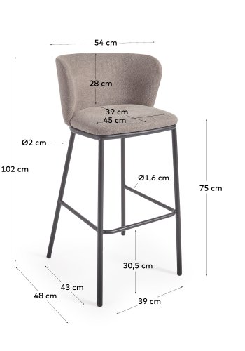 KAVE HOME Ciselia barkrakk, med ryggsttte og fotsttte - lysebrunt chenillestoff og svart stl