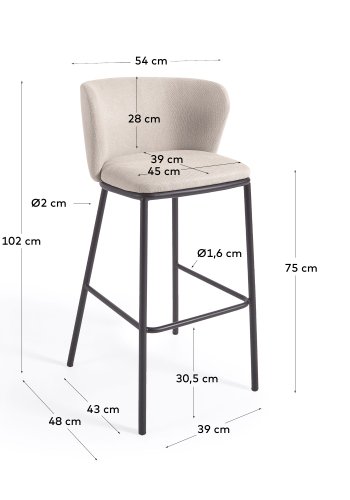 KAVE HOME Ciselia barkrakk, med ryggsttte og fotsttte - beige chenillestoff og svart stl