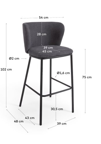 KAVE HOME Ciselia barkrakk, med ryggsttte og fotsttte - mrkegr chenillestoff og svart stl