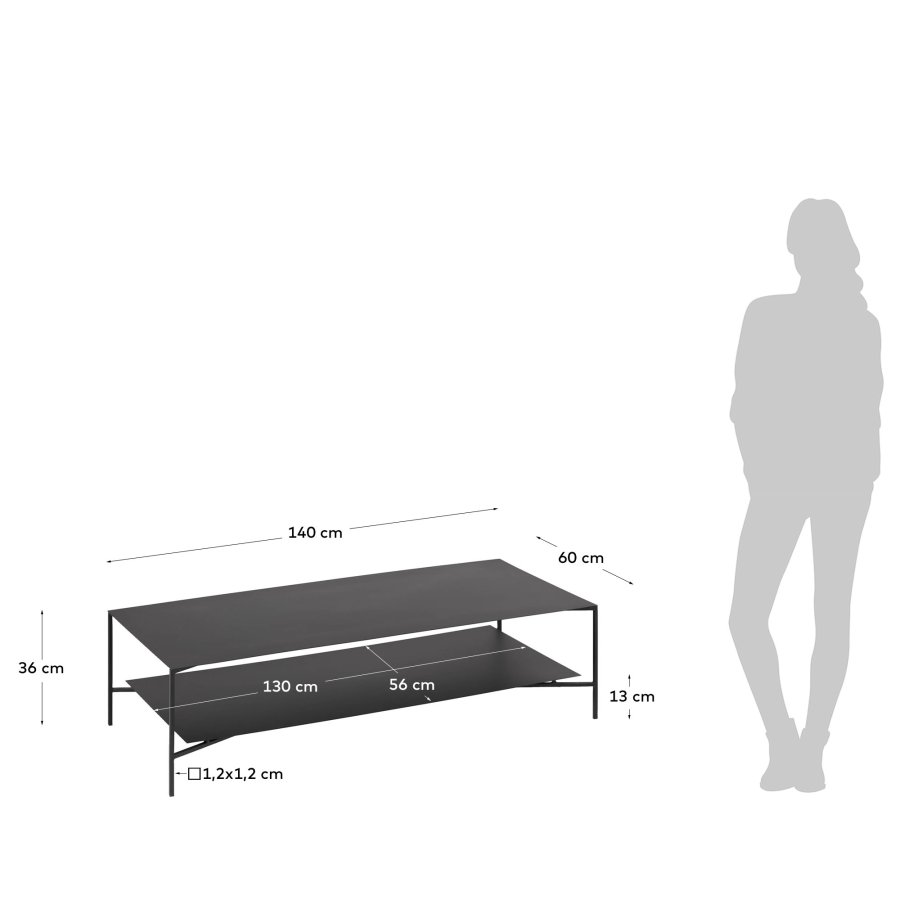 KAVE HOME Azisi salongbord, med hylle - svart glass og svart stl (140x60)