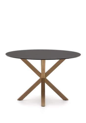 KAVE HOME Argo rundt bord i frostet svart glass og stlben med treeffekt, 120 cm