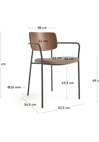 KAVE HOME Maureen spisebordstol, m. armlener - naturlig valnttfiner, stoff og svart metall
