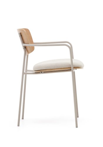 KAVE HOME Maureen spisebordsstol, m armlener, stabelbar - naturlig eikefiner og beige chenillestoff/metall