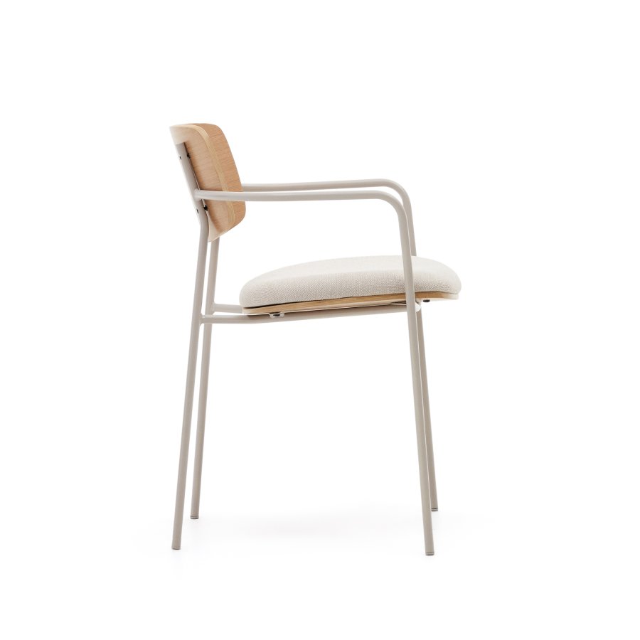 KAVE HOME Maureen spisebordsstol, m armlener, stabelbar - naturlig eikefiner og beige chenillestoff/metall