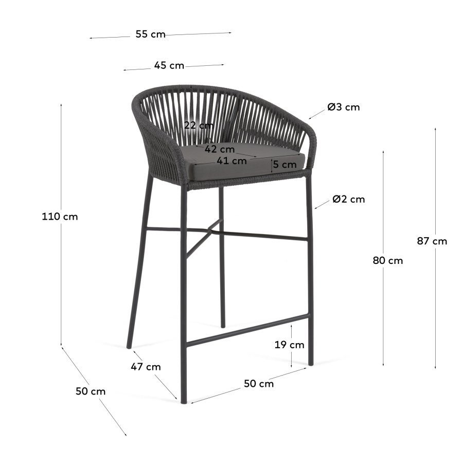 KAVE HOME Yanet Barhocker, mit Kissen, Armlehnen und Fußstütze – schwarze Kordel und schwarzer Stahl