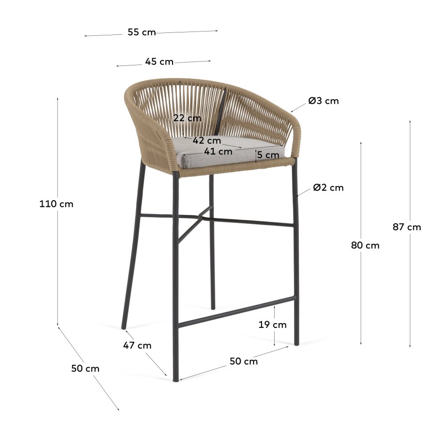 KAVE HOME Yanet barkrakk, med pute, armlener og fotsttte - beige ledning og stl