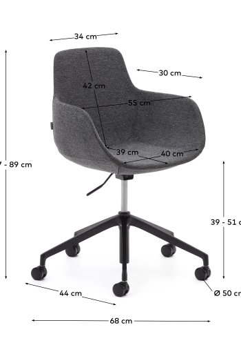 KAVE HOME Tissiana kontorstol i m�rkegr� og aluminium med svart utf�relse