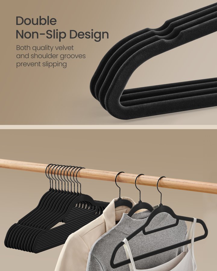SONGMICS fl�yelskleshengere, sett med 50 kleshengere med svart svingkrok, sklisikre og plassbesparende, 0,5 cm tykke, 43 cm lange for frakk, skjorte, kjole, bukser, slips, blekksvart UCRF021B02