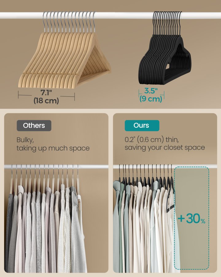 SONGMICS fl�yelskleshengere, sett med 50 kleshengere med svart svingkrok, sklisikre og plassbesparende, 0,5 cm tykke, 43 cm lange for frakk, skjorte, kjole, bukser, slips, blekksvart UCRF021B02