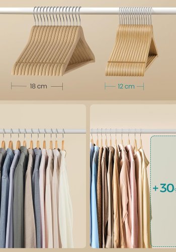 SONGMICS Trehengere, Sett med 30, Tynne Trehengere, Hengere, Hakk i skulderomr�det, Buksehengere, 360&deg; Roterende Krok, Bj�rketre, For Belter og Jakker, Naturfarge CRW030K01