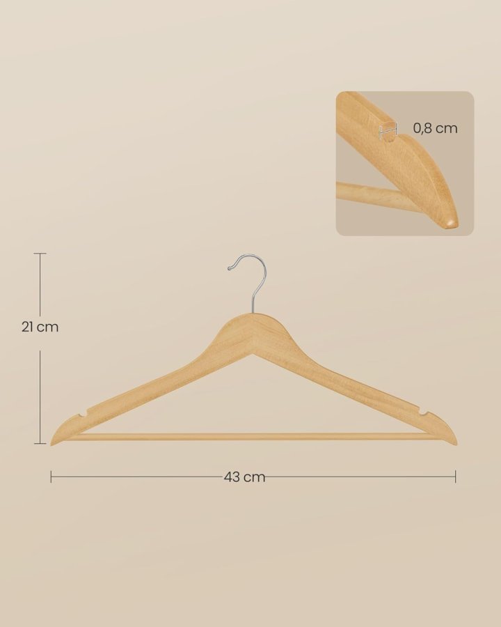 SONGMICS Trehengere, Sett med 30, Tynne Trehengere, Hengere, Hakk i skulderomr�det, Buksehengere, 360&deg; Roterende Krok, Bj�rketre, For Belter og Jakker, Naturfarge CRW030K01