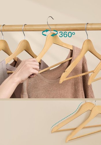 SONGMICS Trehengere, Sett med 30, Tynne Trehengere, Hengere, Hakk i skulderomr�det, Buksehengere, 360&deg; Roterende Krok, Bj�rketre, For Belter og Jakker, Naturfarge CRW030K01