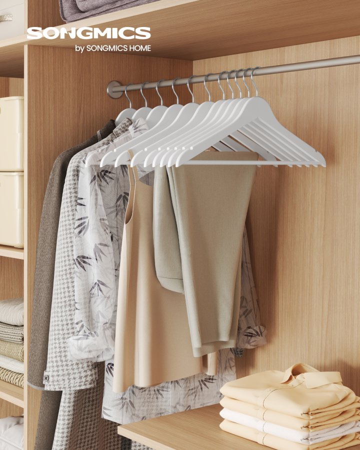 SONGMICS Trehengere, Sett med 30, Tynne Trehengere, Hakk i Skulderomr�det, Buksehenger, 360&deg; Roterende Krok, Bj�rketre, For Belter og Jakker, Cloud White CRW030W02