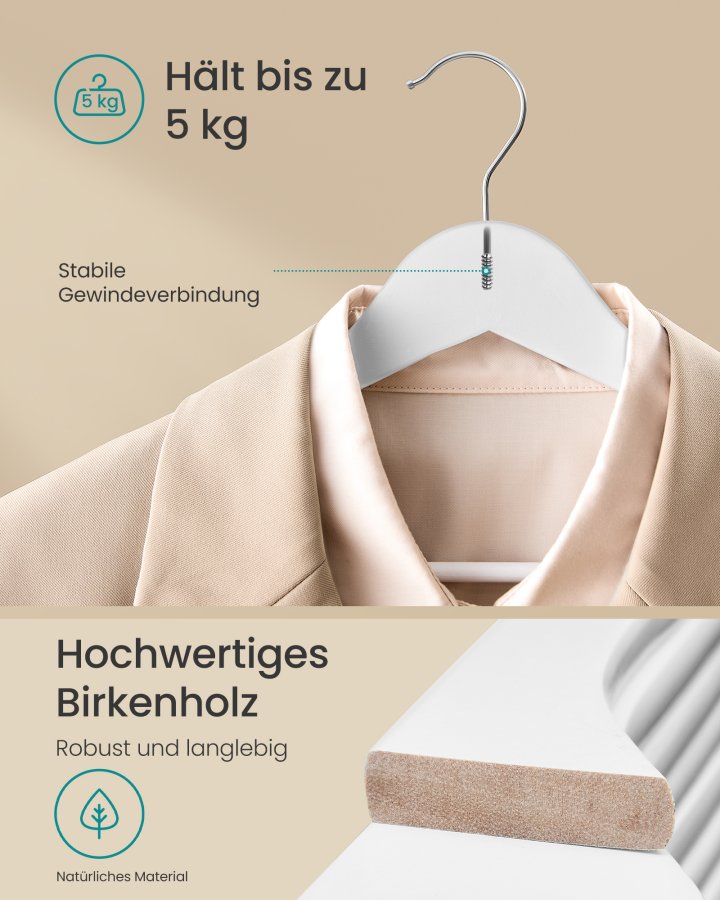 SONGMICS Trehengere, Sett med 30, Tynne Trehengere, Hakk i Skulderomr�det, Buksehenger, 360&deg; Roterende Krok, Bj�rketre, For Belter og Jakker, Cloud White CRW030W02