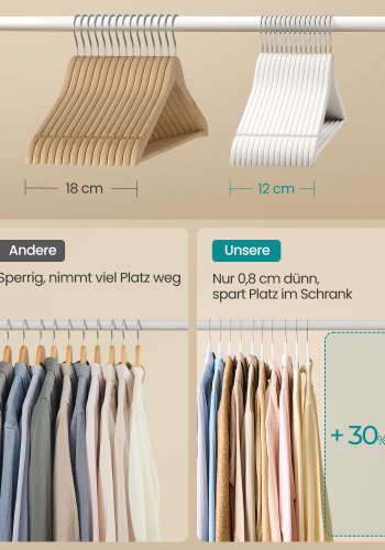 SONGMICS Trehengere, Sett med 30, Tynne Trehengere, Hakk i Skulderomr�det, Buksehenger, 360&deg; Roterende Krok, Bj�rketre, For Belter og Jakker, Cloud White CRW030W02