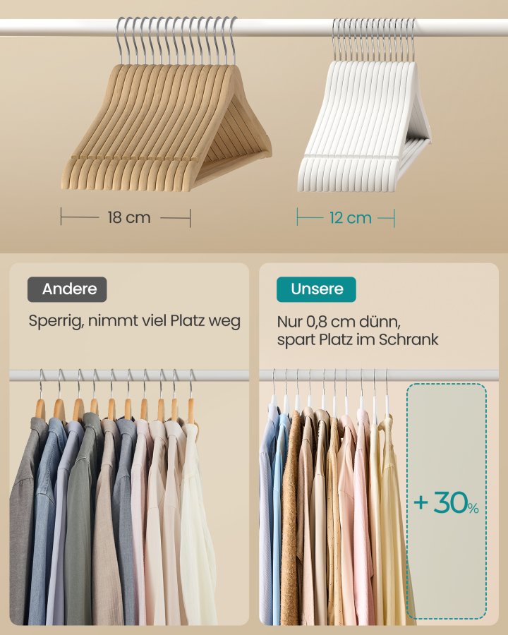 SONGMICS Trehengere, Sett med 30, Tynne Trehengere, Hakk i Skulderomr�det, Buksehenger, 360&deg; Roterende Krok, Bj�rketre, For Belter og Jakker, Cloud White CRW030W02