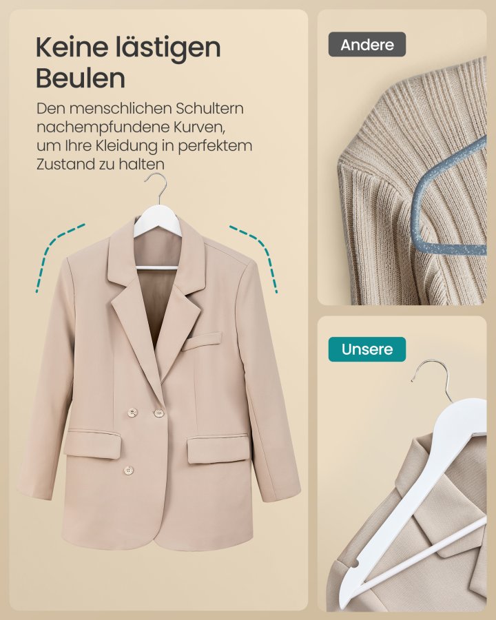 SONGMICS Trehengere, Sett med 30, Tynne Trehengere, Hakk i Skulderomr�det, Buksehenger, 360&deg; Roterende Krok, Bj�rketre, For Belter og Jakker, Cloud White CRW030W02