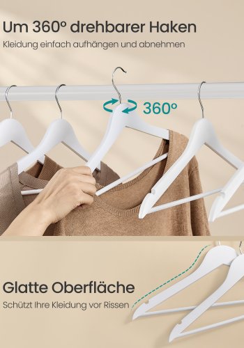 SONGMICS Trehengere, Sett med 30, Tynne Trehengere, Hakk i Skulderomr�det, Buksehenger, 360&deg; Roterende Krok, Bj�rketre, For Belter og Jakker, Cloud White CRW030W02