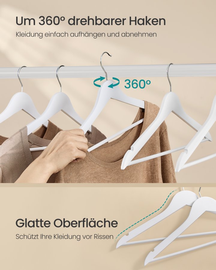 SONGMICS Trehengere, Sett med 30, Tynne Trehengere, Hakk i Skulderomr�det, Buksehenger, 360&deg; Roterende Krok, Bj�rketre, For Belter og Jakker, Cloud White CRW030W02