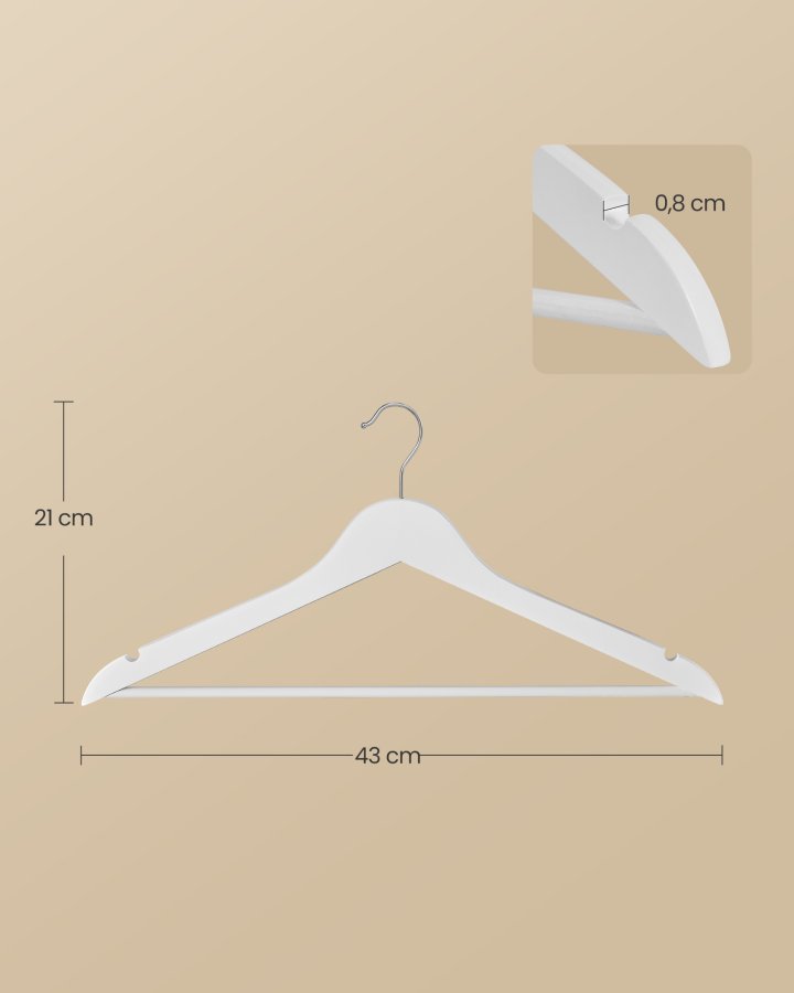 SONGMICS Trehengere, Sett med 30, Tynne Trehengere, Hakk i Skulderomr�det, Buksehenger, 360&deg; Roterende Krok, Bj�rketre, For Belter og Jakker, Cloud White CRW030W02
