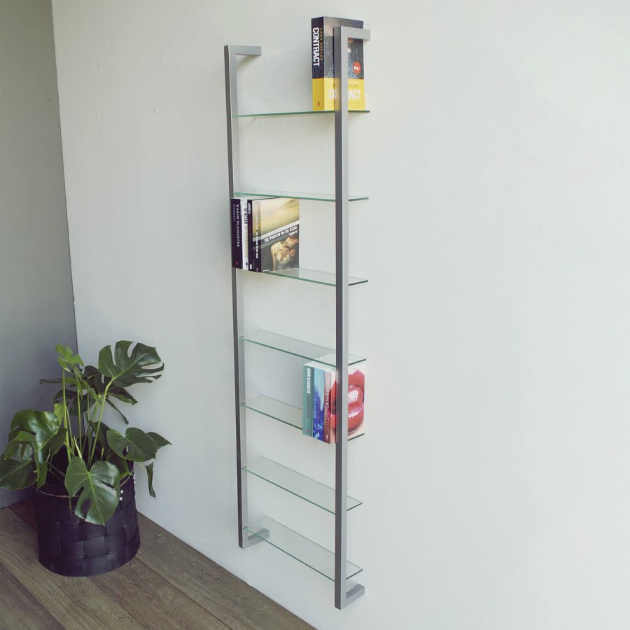 SPINDER DESIGN rektangulr Cubic reol, m. 7 hylder - glas og gr stl(H:167cm x46cm x 13cm)