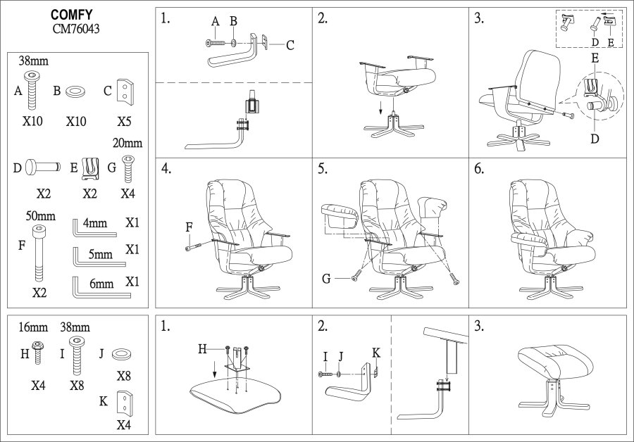 HAGA Comfy lenestol - sort kunstskinn, m. armlener, m. svingfunksjon, inkl. krakk