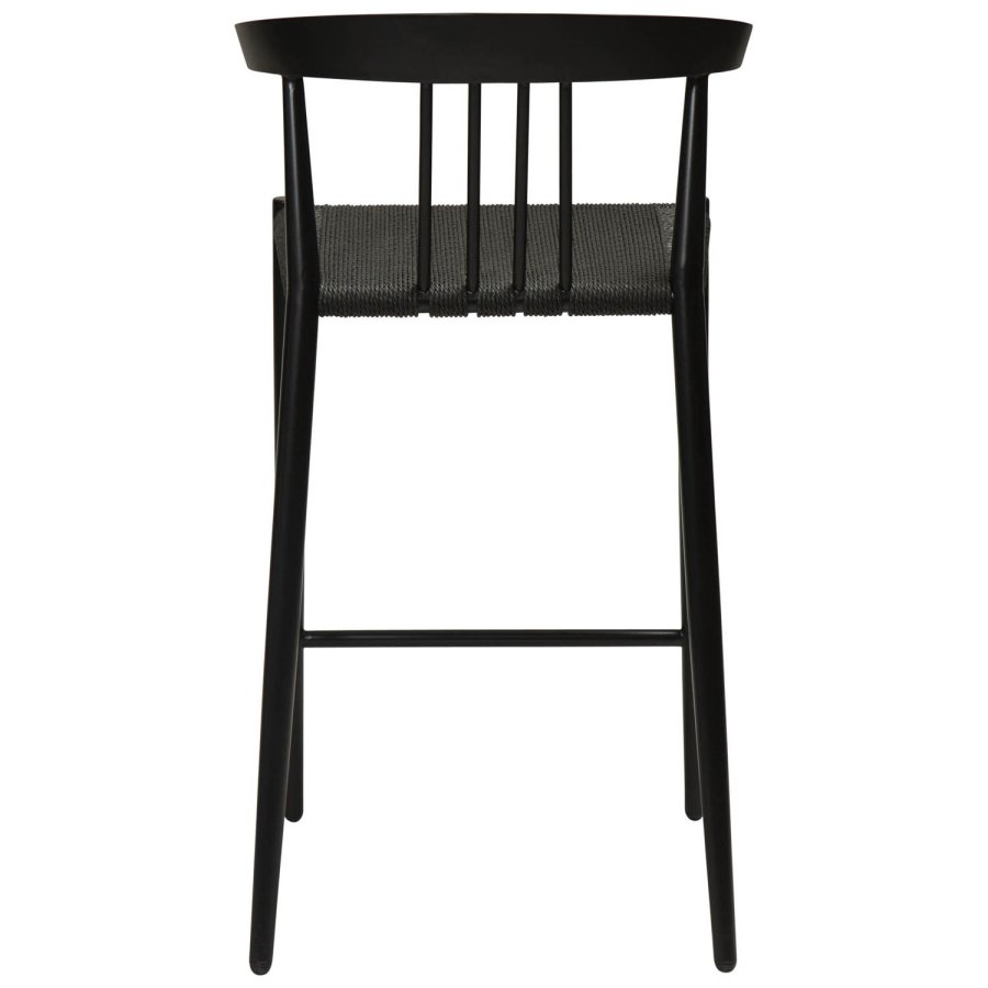 DAN-FORM Sava Thekenstuhl, mit Rückenlehne und Fußstütze – schwarze Papierkordel und schwarzer Stahl