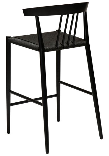 DAN-FORM Sava Thekenstuhl, mit Rückenlehne und Fußstütze – schwarze Papierkordel und schwarzer Stahl
