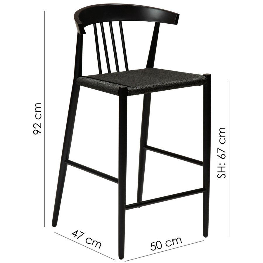 DAN-FORM Sava Thekenstuhl, mit Rückenlehne und Fußstütze – schwarze Papierkordel und schwarzer Stahl