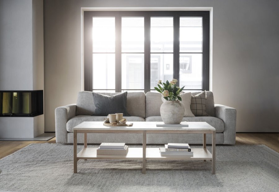 ROWICO Orwel sofabord, m. hylde - beige travertin og hvidvasket eg (140x60)