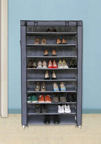 SONGMICS 10-etagers skoreol med st�vt�t afd�kning, opbevaringsskab, organizer med plads til op til 40 par sko, til stue, entr&eacute;, 88 x 28 x 160 cm, gr� RXJ36G