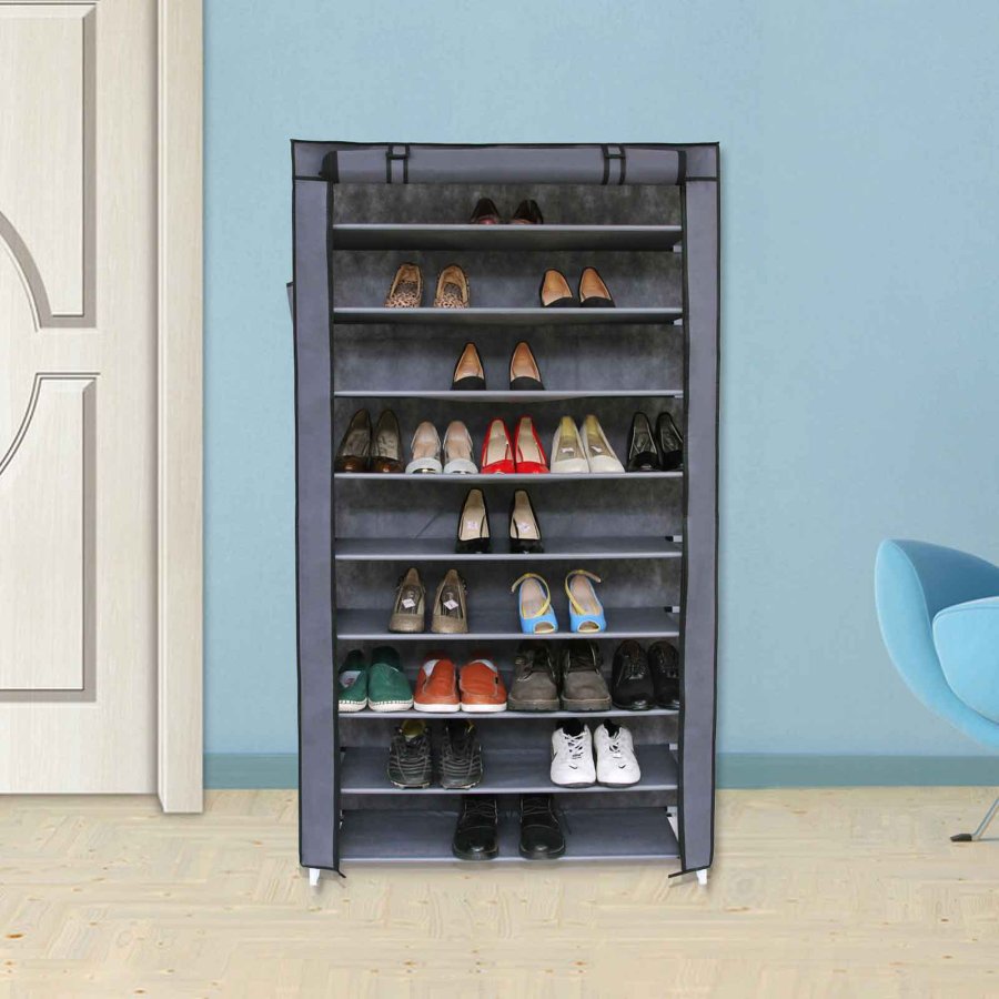 SONGMICS 10-etagers skoreol med st�vt�t afd�kning, opbevaringsskab, organizer med plads til op til 40 par sko, til stue, entr&eacute;, 88 x 28 x 160 cm, gr� RXJ36G