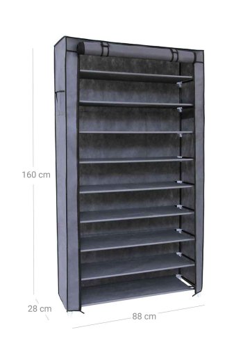 SONGMICS 10-etagers skoreol med st�vt�t afd�kning, opbevaringsskab, organizer med plads til op til 40 par sko, til stue, entr&eacute;, 88 x 28 x 160 cm, gr� RXJ36G