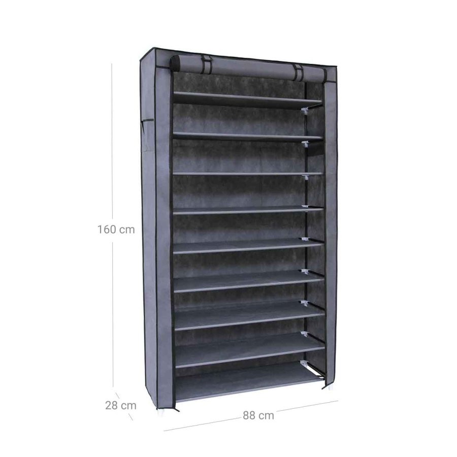 SONGMICS 10-etagers skoreol med st�vt�t afd�kning, opbevaringsskab, organizer med plads til op til 40 par sko, til stue, entr&eacute;, 88 x 28 x 160 cm, gr� RXJ36G