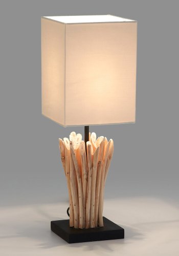 KAVE HOME Poob bordlampe - tropisk gjenvunnet tre og hvit stoffskjerm (15x15)