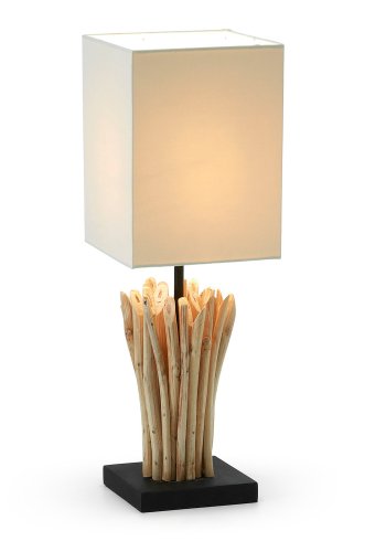 KAVE HOME Poob bordlampe - tropisk gjenvunnet tre og hvit stoffskjerm (15x15)
